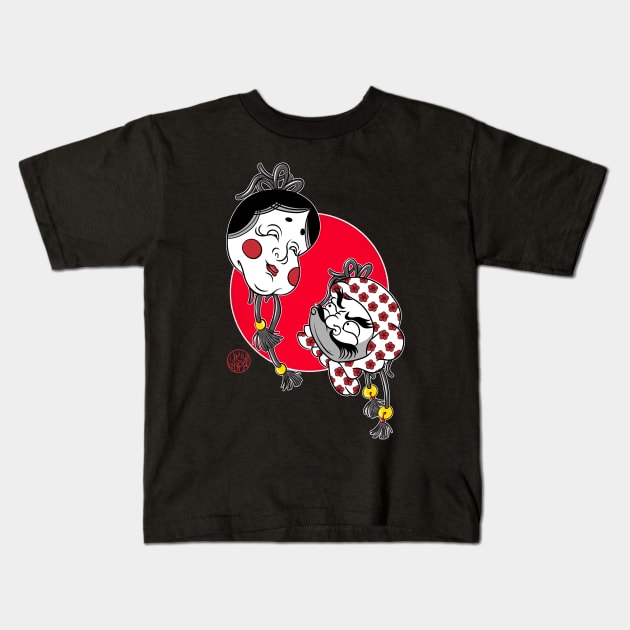 Hyottoko and Okame masks Kids T-Shirt by Ukiyograph